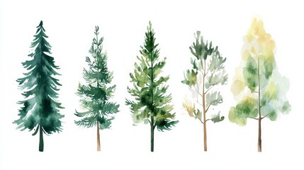Set of abstract watercolor pine trees in forest landscape for invitations and posters