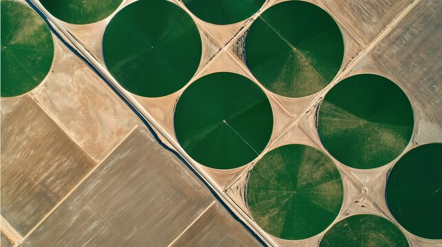 Aerial top down view of circular center pivot irrigation crop fields in semi arid farmland forming abstract green geometric pattern