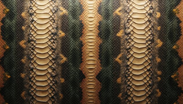 Close view of python skin scales. Natural pattern with beige green and brown colors. Reptile texture background for fashion and design projects. Animal skin detail shows symmetry.