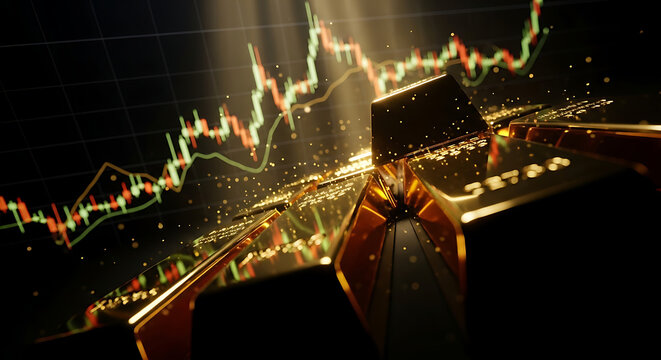 Shiny gold bars are scattered across a reflective surface with a dynamic, glowing financial candlestick chart background.