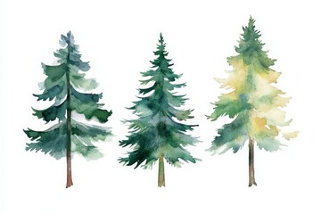 Fototapeta premium Watercolor illustration showing conifer trees in a forest setting on a white background with three types of trees