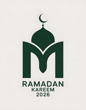 Ramadan Kareem 2026 monogram logo, mosque dome integrated into letter M, minimal flat vector, elegant Islamic branding, white background, no people