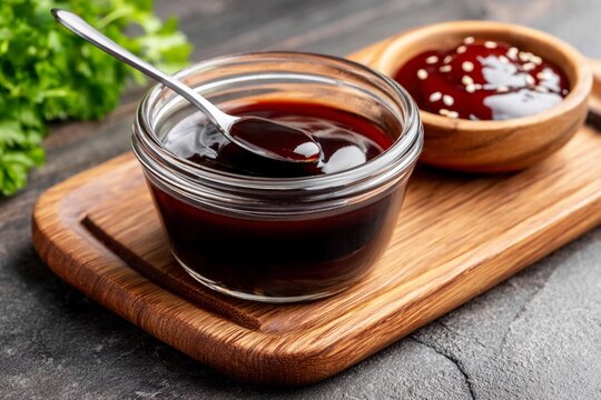 Jar with sauce placed on wooden board with spoon