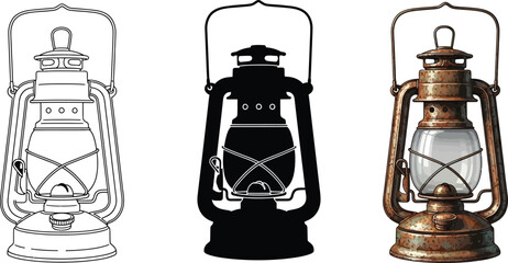 Collection of vintage oil lantern illustrations including line art silhouette and realistic rendering perfect for historical or rustic design themes © Ahmad