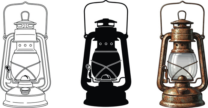 Collection of vintage oil lantern illustrations including line art silhouette and realistic rendering perfect for historical or rustic design themes
