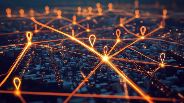 Smart city network shows delivery routes and location points on urban streets at night