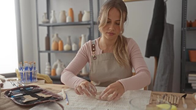 Woman bare hands molding soft clay on wooden table surrounded by pottery tools in ceramics studio; creativity calm focus.