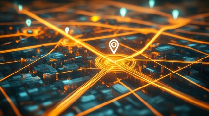 Obraz premium Smart city delivery network showcases routes and location pins on urban streets at night