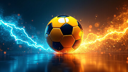 Naklejka premium Yellow‑and‑black stylized soccer ball glowing at center—blue lightning clashing with orange flames, creating a high‑energy, dramatic duel‑core atmosphere of power, rivalry, and explosive intensity. 