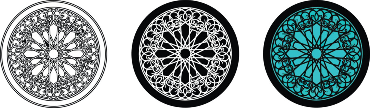 Collection of three rose window vector designs intricate gothic architectural elements in black and white and teal isolated on white