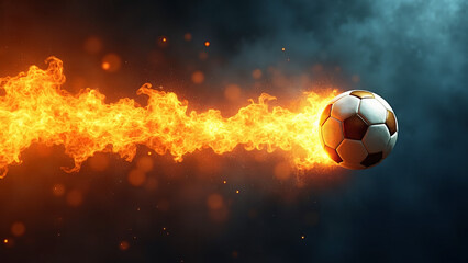 Fototapeta premium A flaming soccer ball streaks through smoky air, trailing fire and sparks in explosive motion. 