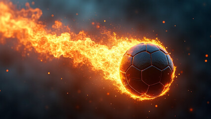 Fototapeta premium Black soccer ball blazes mid-air—orange flames erupt through smoky void, surreal motion and global anticipation surge from kinetic symmetry. 