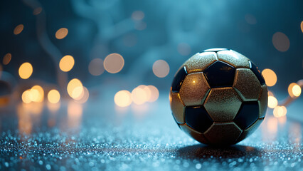 Fototapeta premium A black and gold soccer ball rests on wet ground, glowing under moody blue light with golden bokeh shimmer. 