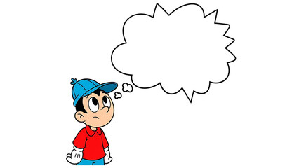 Fototapeta premium Cartoon boy in red shirt and blue cap thinking with a speech bubble isolated on transparent background