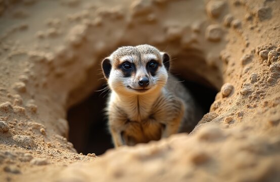 Small meerkat peeks out from burrow entrance in sandy desert terrain. Curious animal with dark eye markings observes surroundings with alertness. Wildlife in natural habitat at daytime.