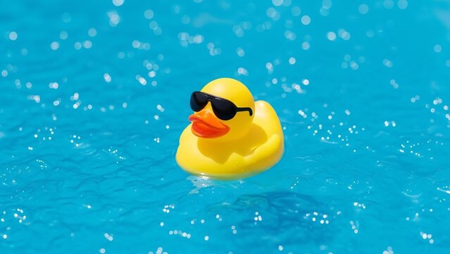 A cool yellow rubber duck wearing sunglasses floats on the surface of a blue, bubbly swimming pool on a bright sunny day