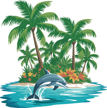 Create Dolphins in sea, coconut tree flower I Wall Decor, t shirt Design on without Background