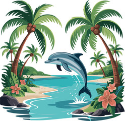 Isolated A Dolphins in sea, coconut tree flower I Wall Decor, t shirt Design victor art on without Background © MDKHURSHED