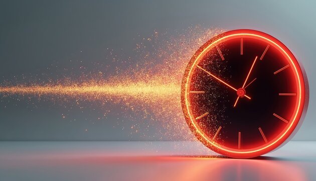 Abstract clock glows red hot with trails of light particles exploding outwards. Time speeds up dissolving into abstract motion blur, energy bursts. Concept of fast passage of time, dynamic change.