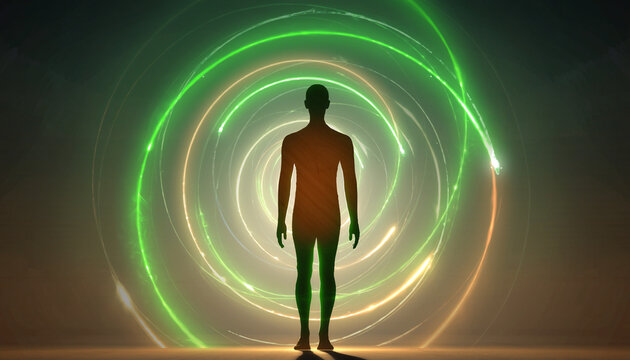 Abstract human silhouette with flowing green energy lines symbolizing clean energy, balance, sustainability, and harmony with nature