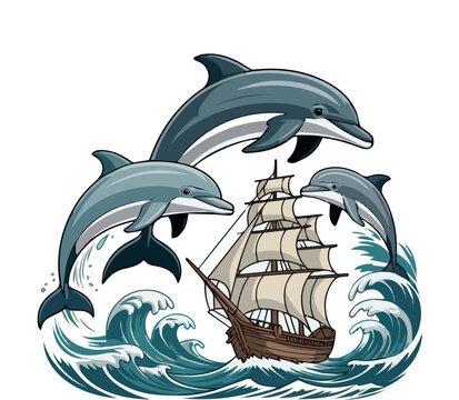 Isolated Dolphins and ship in sea I Wall D&eacute;cor t shirt Design on without Background