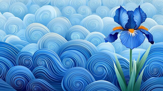 Vibrant Blue Iris Blue Iris Flower Against Swirling Ocean Waves