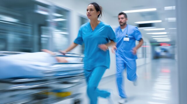 Blurred in motion medical emergency: asian female nurse and caucasian male doctor in action