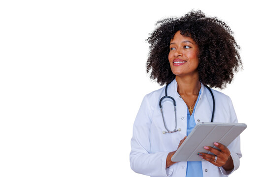 Professional black woman doctor holding digital tablet and smiling, providing healthcare service and medical consulting