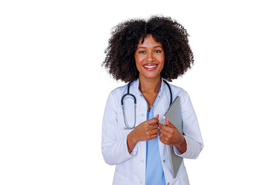 African american female doctor smiling, wearing white coat and stethoscope, holding a laptop on transparent background