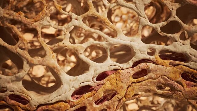 Detailed close-up macro view of porous bone structure showing red blood vessels and complex interior architecture