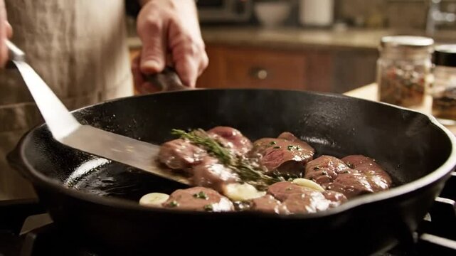 Chef carefully flips and sears duck liver medallions in a hot cast iron skillet with garlic and rosemary
