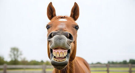 A horse with a comically open mouth and ears perked up