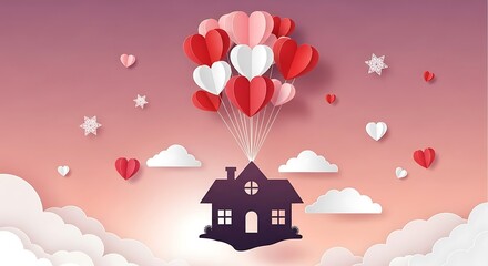 House flying with heart balloons in sunset sky paper cut style concept for love and home