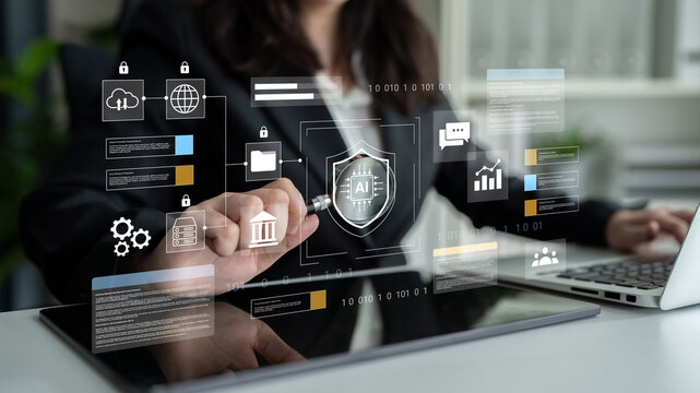 A business professional utilizes advanced technology to analyze AI data, showcasing graphs and security measures in a contemporary office space for effective decision-making. Gantry
