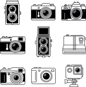 Set of Vintage and Modern Camera Icons in Black and White Outline Vector