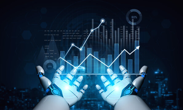 Futuristic robotic hands present an engaging interaction with digital data, showcasing analytics growth and technology evolution in a modern setting. Scalp
