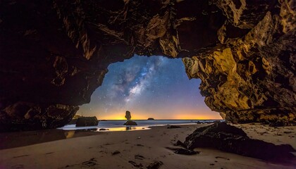 A coastal cave frames a breathtaking view of the Milky Way, star-lit sky over the ocean