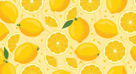 Vibrant seamless pattern filled with whole lemons and fresh citrus slices on a warm yellow swirly background texture.