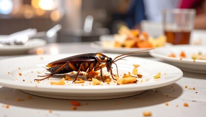 Large brown cockroach feasting on leftover food crumbs on a dirty white dinner plate.