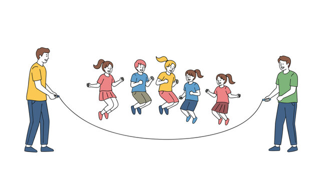 Energetic group of diverse children enjoy jumping over a long skipping rope held by two adults in a fun outdoor activity.