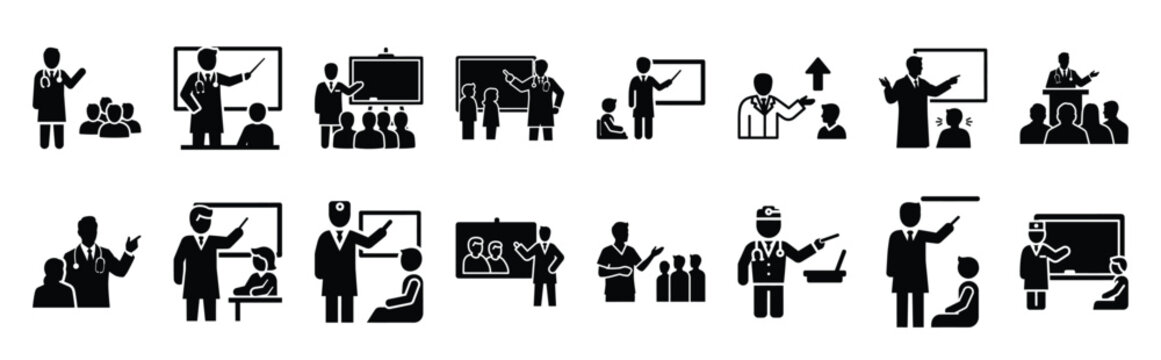 doctor teaching vector icon set multiple style collection. doctor day silhouette medical symbols for healthcare