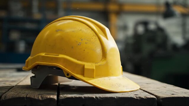 A yellow hard hat resting on a wooden table in an industrial workshop, symbolizing safety and construction.