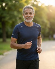 Fototapeta premium Happy Senior Man Jogging in Park at Golden Hour with Earbuds. Active Mature Male Enjoying Outdoor Fitness and Healthy Lifestyle.