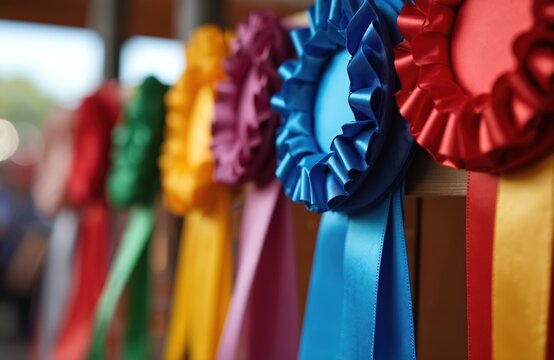 Colorful prize ribbons hang in a row, signifying achievement and victory. These awards celebrate success at a rural agricultural fair event. They represent winning and accomplishment.