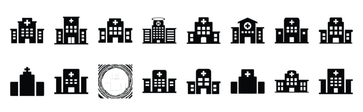 hospital building vector icon set multiple style collection. doctor day silhouette medical symbols for healthcare
