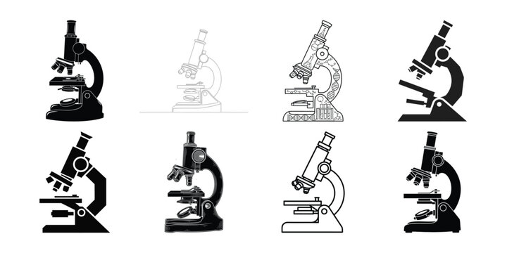 Eight black and white microscopes