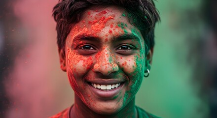 Obraz premium Close-Up Portrait of Smiling Person Covered in Colorful Powder