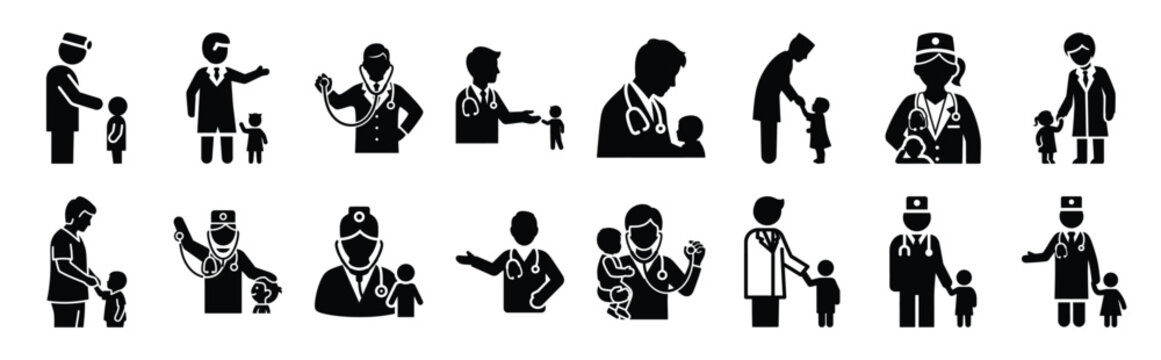 pediatric doctor vector icon set multiple style collection. doctor day silhouette medical symbols for healthcare