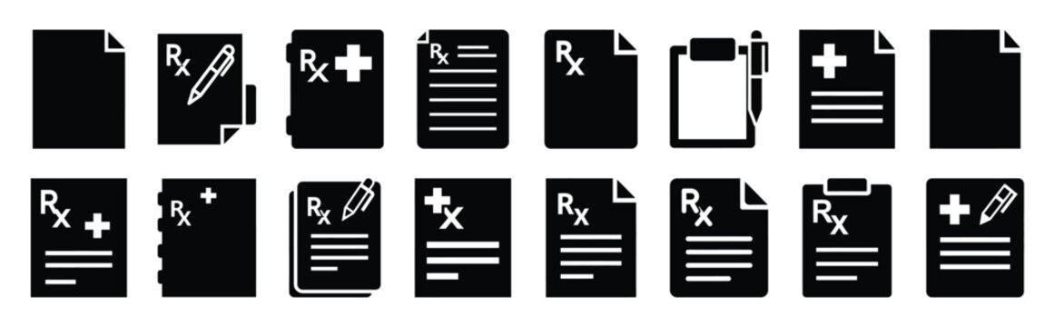 prescription pad vector icon set multiple style collection. doctor day silhouette medical symbols for healthcare