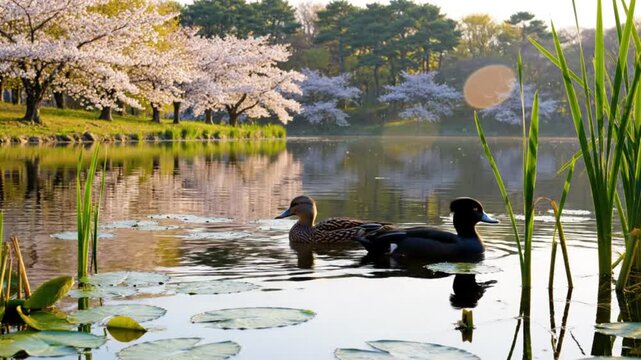 Scenic lake with two ducks swimming in water surrounded by blooming cherry blossom trees during springtime